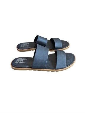 Sorel Ella II Black Leather Double Strap Slides Sandals Size 9
